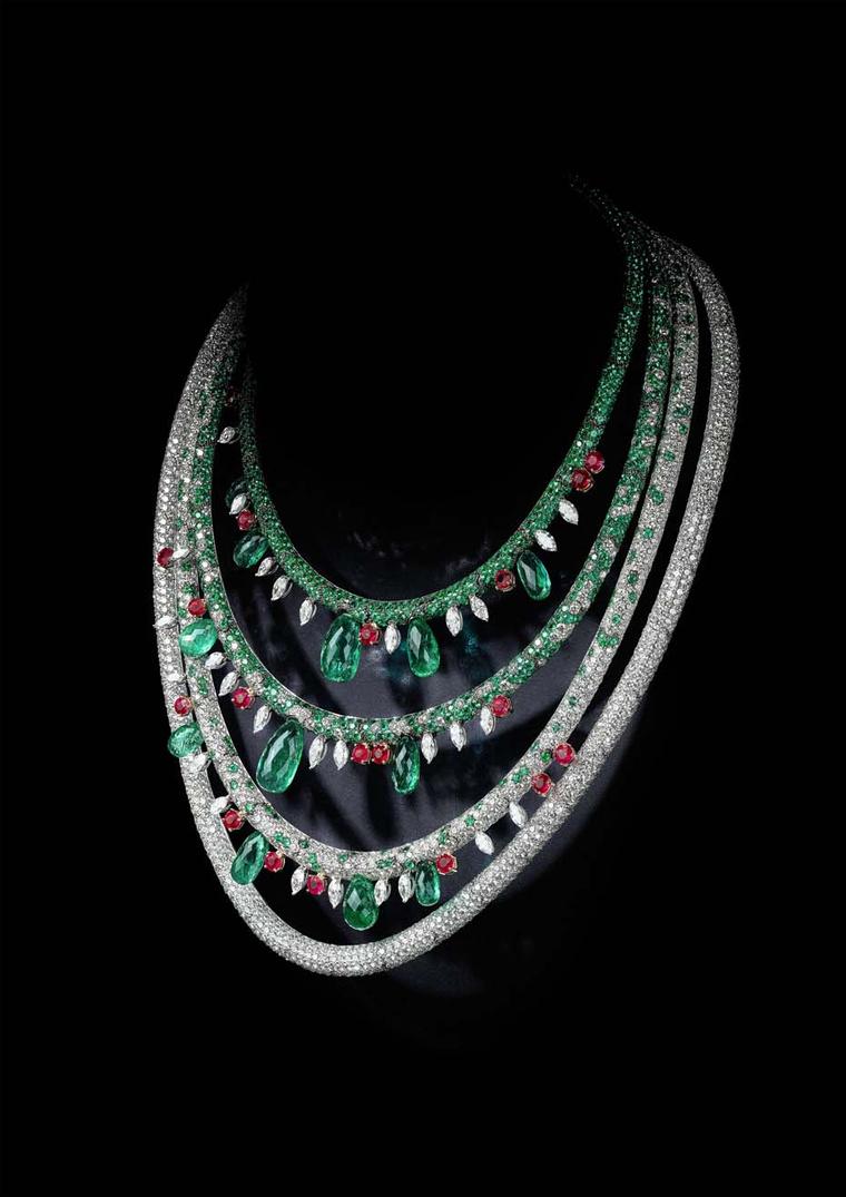 de GRISOGONO necklace from the 2015 high jewellery collection launched at Baselworld 2015, set with briolette-cut emeralds totalling 89.63ct, round-cut rubies, marquise-cut diamonds, emeralds and diamonds.